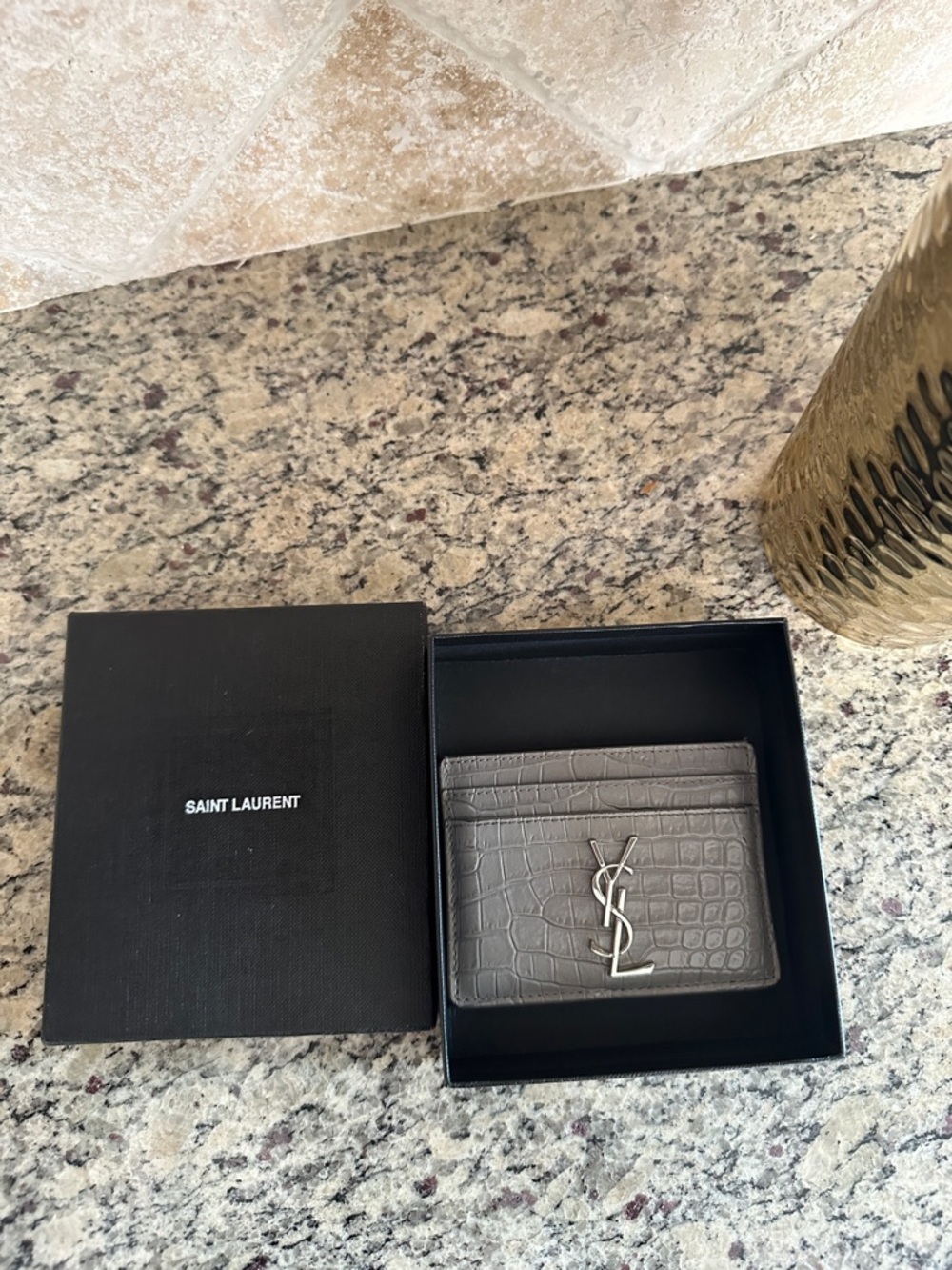 Saint Laurent Grey Croc Embossed Leather Monogram Card Holder